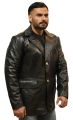 Men's Black Genuine Leather Coat - Long Notched Collar, Button Closure, Elegant Design with Front Pockets | Perfect for Formal & Casual Wear. 