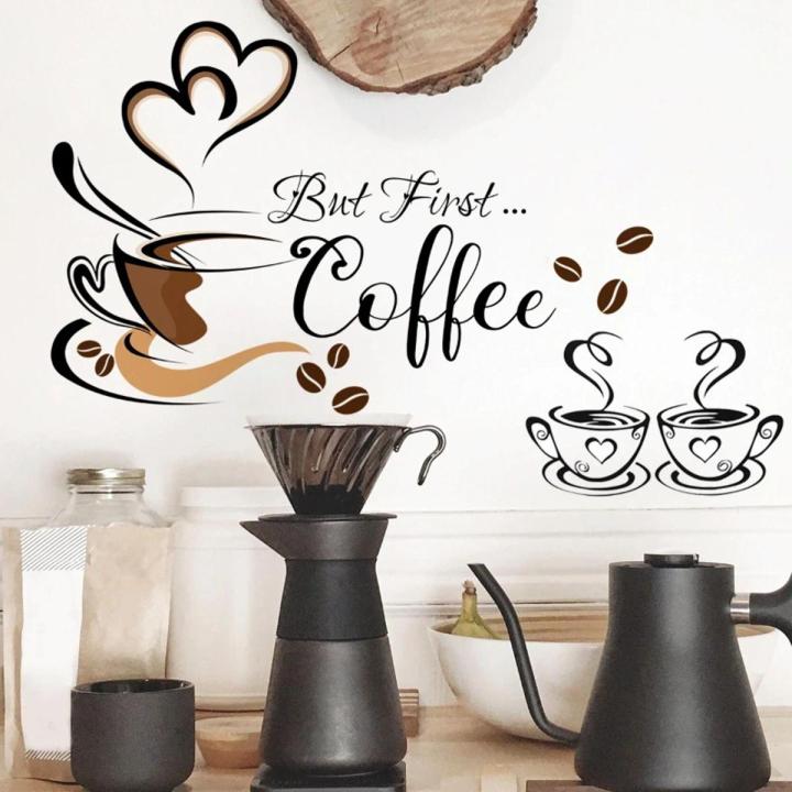 Coffee Cup Pattern Wall Decals Creative Text Wall Sticker Waterproof PVC Wallpaper Self-adhesive Wall Art Cabinet Living Room Decoration for Cafe Coffee Bar Restaurant