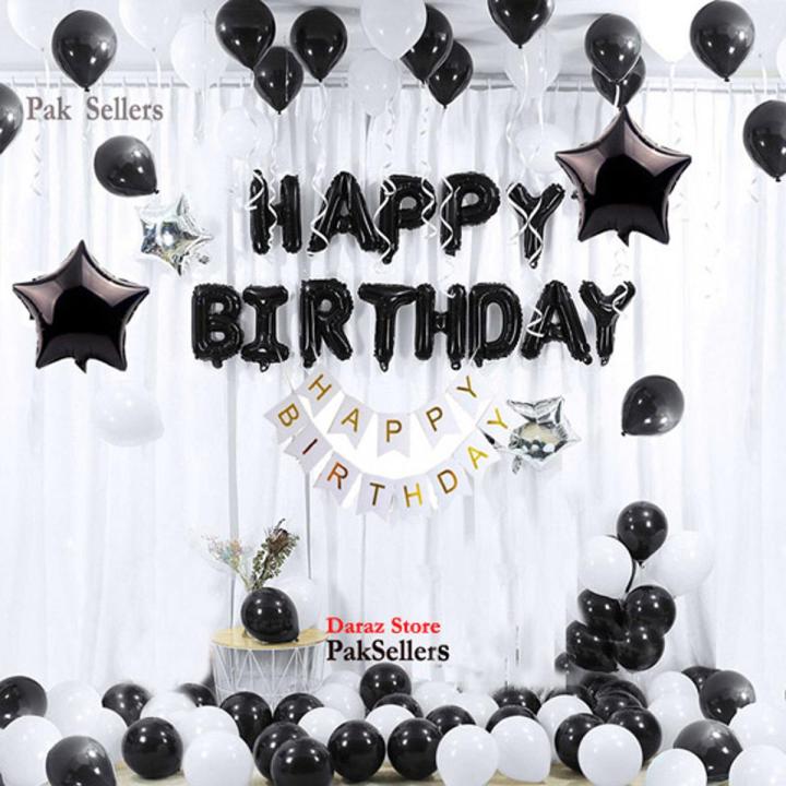 Black & White Happy Birthday Theme , for Birthday parties ... Best for Your Special One , Birthday Boy/ Girl - Black HBD foil + Black HBD banner+4 Stars foil( 2 Black,2 Silver)+40 Latex Balloons(Black,White)