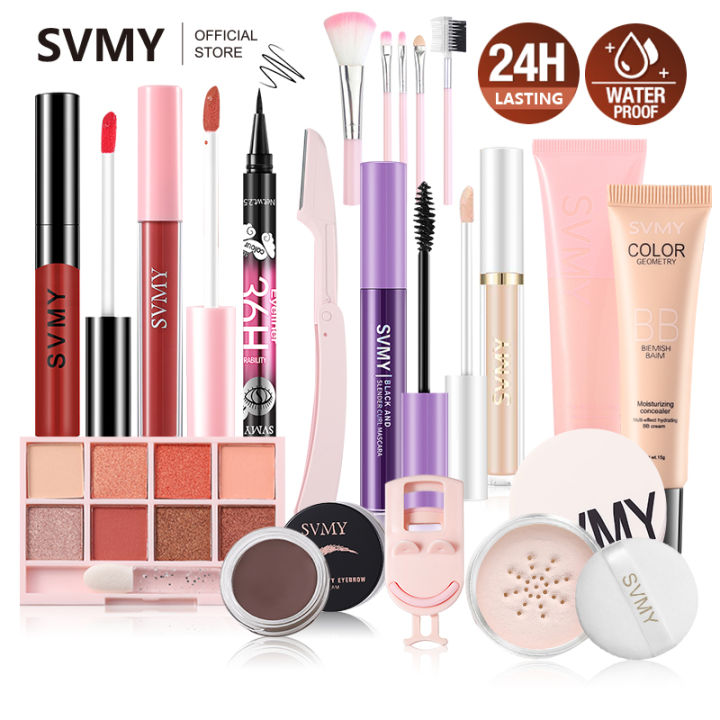 SVMY 13pcs Full Face Makeup Set BB cream Eyeliner Eyebrow cream Eye shadow Mascara Lipstick Loose powder Pre makeup lotion Concealer Eyebrow knife Eyelash curler Brush