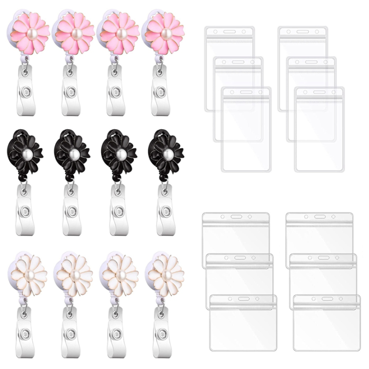 Badge Lanyard with ID Holders Flower Badge Reels with Pearl Vertical Clear Name Tag Holder for Girl Women Card Key Cute Badge Necklace