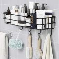 "Multipurpose Wall-Mounted Storage Rack - 1 Layer Metal Shelf with Hooks, Black Metal Shelf, Shower & Bathroom Storage Organizer, Kitchen Wall Rack, Durable Punch Frame, Space-Saving Design". 