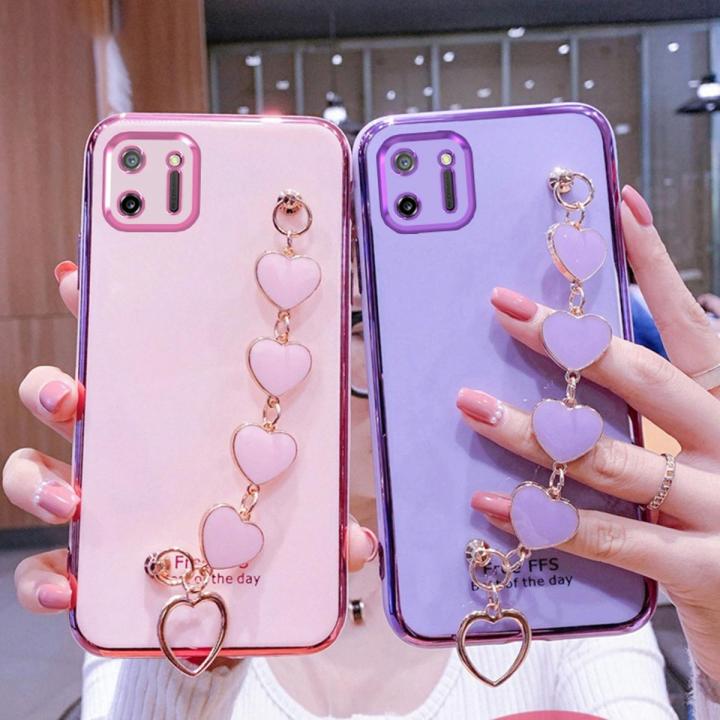 For Realme C11 Back Cover with Love Heart Chain Wrist Strap Fashion Bracelet Shiny Plating Bumper Protective Case Silicone Shockproof Mobile Phone Cases