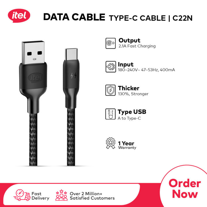 itel Cable Pulse C22N Type-C to Type-C Data Cable, Fast Charging, High-Speed Data Transfer, 1.2 Meter Long, Nylon Braided Design