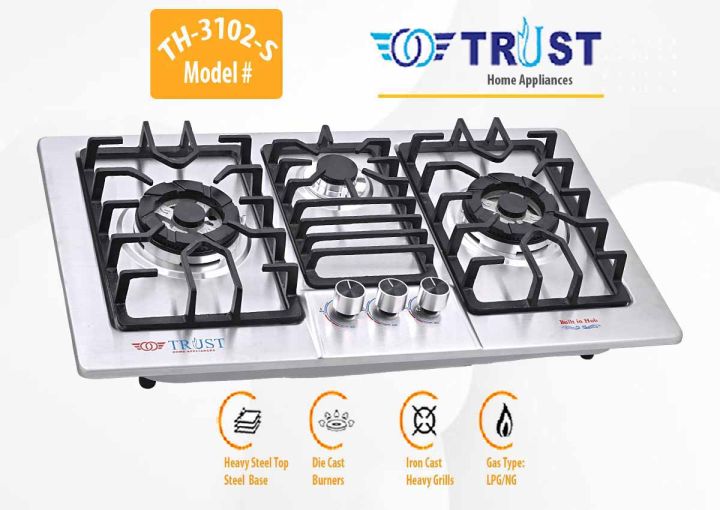 Trust Gas Automatic Hob - 3 Burner Model TH-3102-S Steel Top