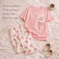 Soft Cotton Jersey Pajama Set for Women (S–XL) & Kids (7–14 Years) – Pink Floral T-Shirt & Trouser | Feel-Good Homewear with Pocket Print. 