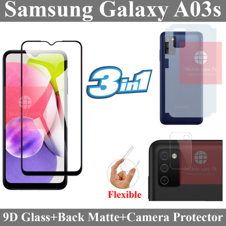 Samsung Galaxy A03s Glass Protector 9D|5D|6D|10D|11D|21D Black Tempered Glass Screen Protector Full Glue Edge To Edge + Back Matte Protection Soft Skin Sheet Soft Film Back Protector + Back Camera 9H Gorilla Flexible Protector For Samsung Galaxy A03s