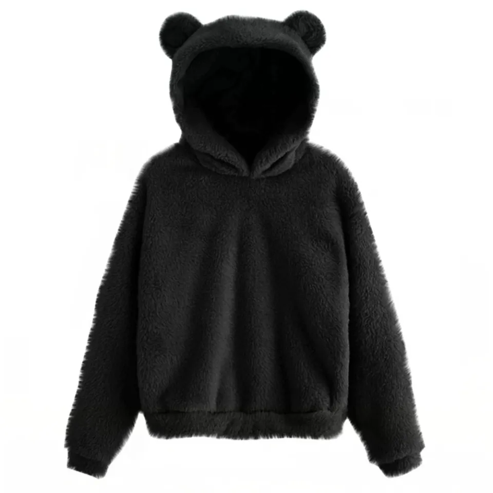 Yfashion Women Double Fleece Hoodies Fluffy Cute Rabbit Ears Hooded Long Sleevepullover Sweater Sweet Lovely Plush Warm Coat color