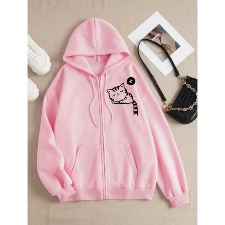 New Winter Pink Sleeping Meow  Front logo  Printed Hoodie Zipper For Girls and Women