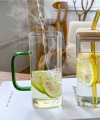 Square Glass Cup Water Bottle Glass Straw, Dustproof Bamboo Cover Handle. 