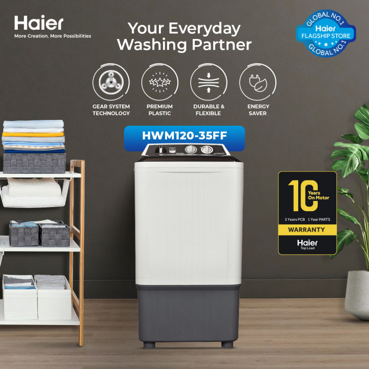 Haier -12kg Washing Machine - Single Tub Washer - Semi Automatic - HWM 120-35FF (Gear System / Virgin Plastic / Compact Design / Wide Voltage Range) 10 Years Warranty