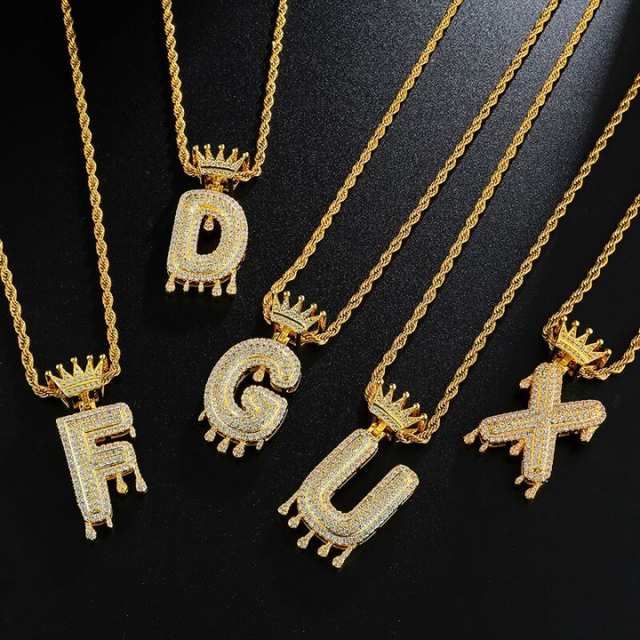 Dz A-Z Initial Bubble Letter Name Crown Drip Letters Necklaces Pendant For Men Women Gold Color Cubic Zircon Hip Hop