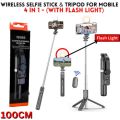 4 in 1 Wireless Selfie Stick & Tripod With Light - 100cm / 170cm With & Without Light - Tripod, Selfie Stick, Selfie Light, Bluetooth Shutter - Foldable & Portable For All Mobile Phones With Detachable Charging Cable - Black. 