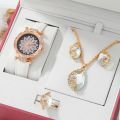 Chic and Timeless 5pcs Diamond Watch Set for Women with Leather Bracelets and Quartz Wristwatch for Ladies and Girls. 