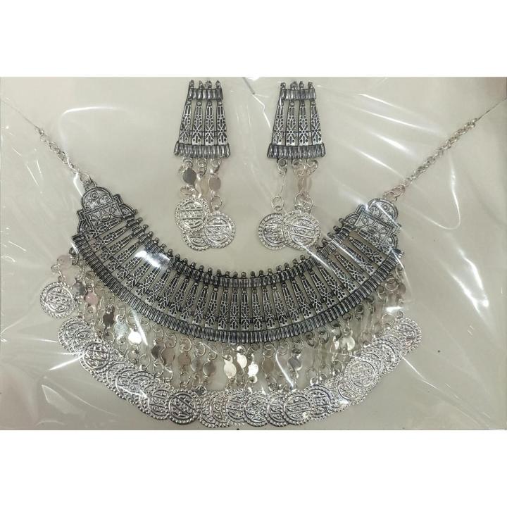 Oxidized Turkish Necklace with Earrings for women&Girls Silver Color