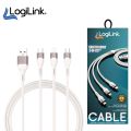 Logilink 3in1 Usb To Micro/type C/iphone Nylon Data Cable 3a Fast Charging 1m With 1 Year Warranty White. 