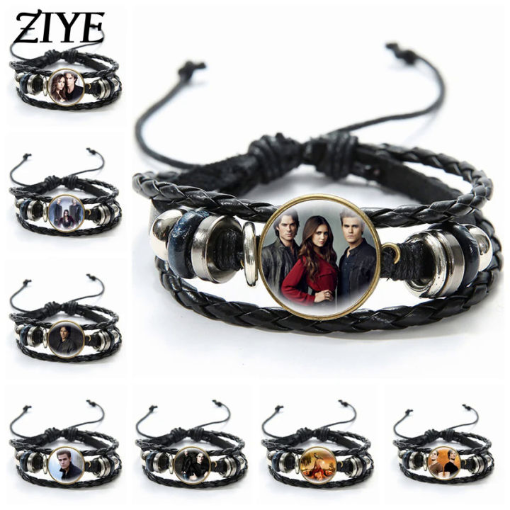 【EmotionaE】The Vampire Diaries Leather Bracelet TV Series Elena Stefan Characters Glass Dome Bracelets Handmade Jewelry Gifts for Men Women