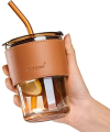 High-Value Portable Leather Glass Coffee Cup With Straw and Lid Iced Tea Cup. 