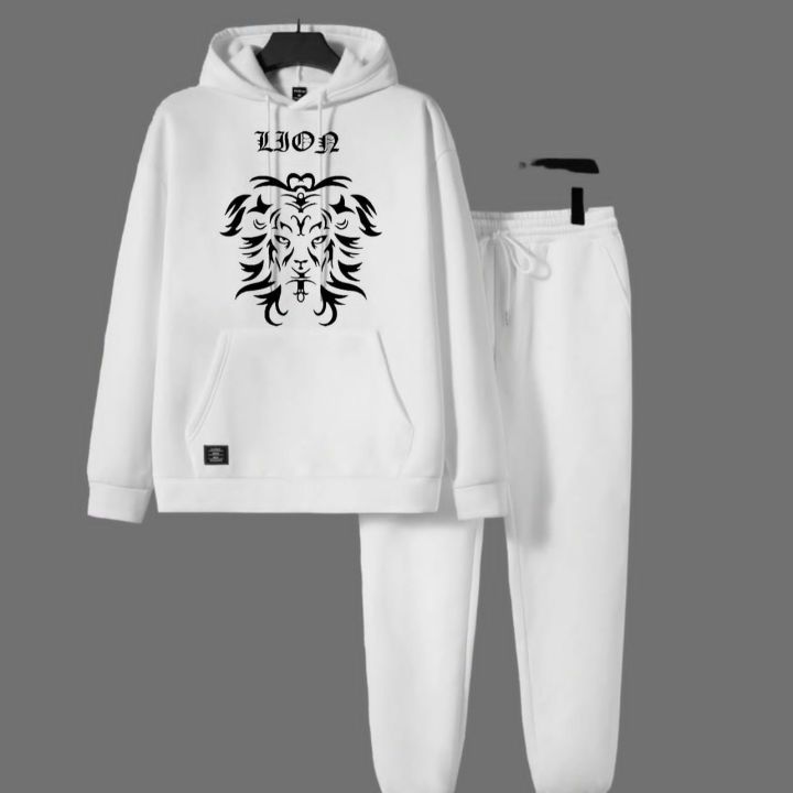White Tiger Printed Fleece Full Sleeves Pull Over Hoodie & Trouser For Men & Boys