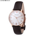 Emporio Armani  Brown Leather Strap Rose Gold Case Mother Of Pearl Dial Men's Watch AR-1601. 