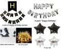 Happy Birthday Grand Decoration Theme Set Golden/Silver/Black/Shining Blue - 13 Pcs Happy Birthday Foil Balloons Set,13Pcs Birthday Card Banner, 4 Star Foil Balloons, 40 Plus Latex Balloons and 2 Golden Fairy Lights Strings For Birthday Party Decoration. 