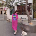 Fat mm summer outfit new lazy short sleeved loose over knee plus size dress 200 pounds long T shirt skirt. 