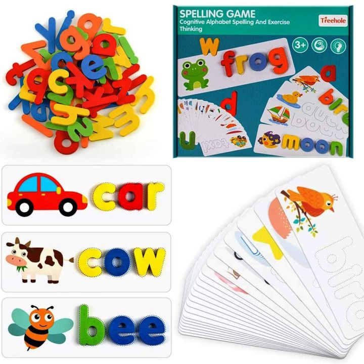 Spelling Words (28 Flash Cards and 52 Wooden Alphabet Letters) Spelling Learning Game – English Words Exercise Wooden Craft Matching Shape Letter Games Montessori Preschool STEM Educational Gift Toys For Kids Early Educational Toys
