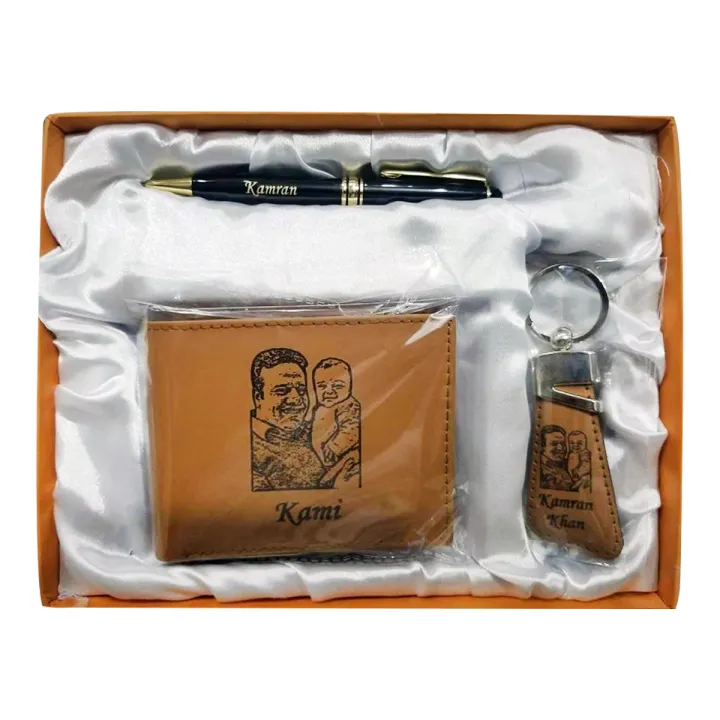 CUSTOMIZE NAME AND PICTURE ENGRAVED WALLET AND KEYCHAIN ALONG WITH PEN AND GIFT BOX PACKING (PERFECT GIFT TO SEND YOUR LOVED ONCE)