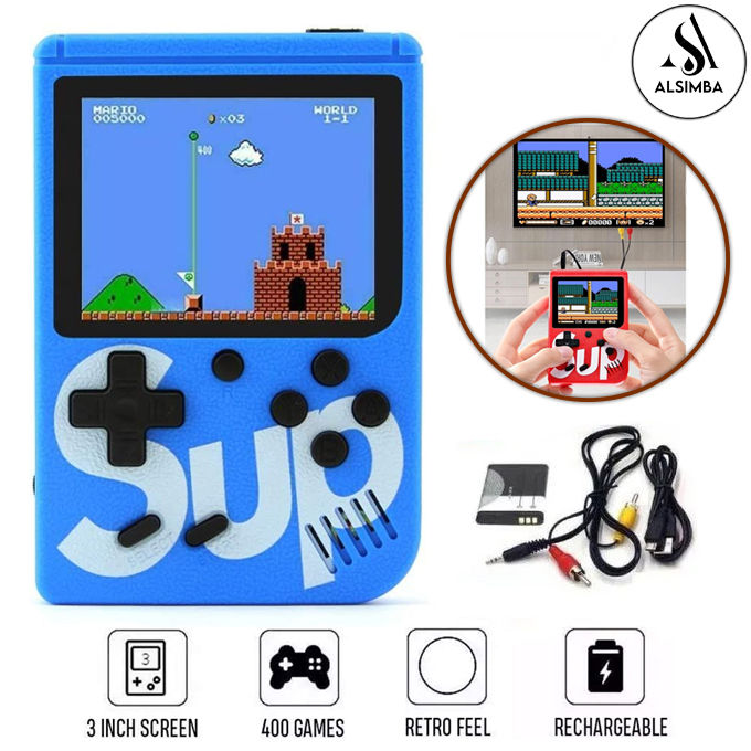 SUP Game Box 400 In 1 Retro Video Game Rechargeable Single Player Portable Handheld Game Console Handheld Game PAD Gamebox for kids Connects with LCD / TV - Size Approx. 5 Inches - Blue