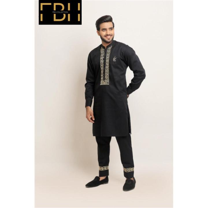 Black Versace Embroidered Kurta Pajama New style Eid Collection For Men's
