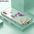 Jizetin (Free Lanyard) for Samsung Galaxy A11 M11 Back Cover Peach Blossom and Butterfly Luxury 6D Plating Case Side Pattern Soft Silicone Square Mobile Phone Cases. 