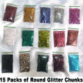 Pack Of 15 Color Round Glitter Chunks for Artwork Decorations, Crafting, Resin Art, UV Nails, and Makeup (Each Pack 20 grams). 
