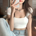Women Short Sleeve Crop Tops Solid Color Low-Cut Square Neck T-Shirt Summer Casual Tight-Fitting Slimming Shirt. 