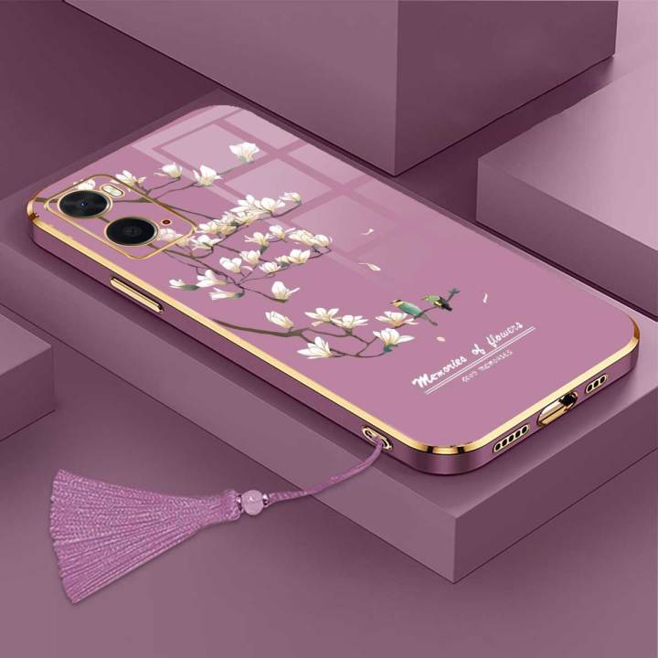 Casing For OPPO A76 4G A36 4G A96 4G Luxury Beautiful mapies with flower Camera Protection Phone Case Plating Edges Silicone Soft Cover With Free Lanyard