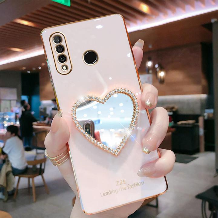 For Huawei P30 Lite Cover with Makeup Mirror Shiny Plating Square Bumper Girls Phone Case Soft TPU Silicone Shockproof Protective Back Cover