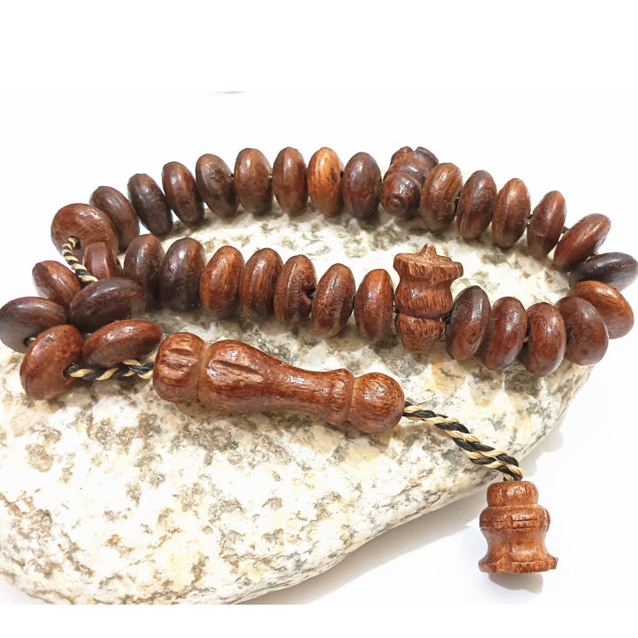 Sandal Fragrance Zikar Tasbeeh - Original Sandalwood Tasbih Brown flat 33 Beads of 13mm