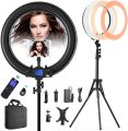 Ring Light with Wireless Remote and iPad Holder, 19 Inch Bi-Color LCD Display Ring Light with Stand and Selfie Remote, 55W 3000-5800K CRI≥97 Light Ring for Live Stream Self-Portrait Video Shooting. 