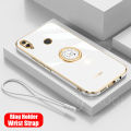 For Huawei Honor 8X Back Cover with Ring Holder Stand + Wrist Strap Shiny Plating Square Bumper Protective Case Soft Silicone Shockproof Mobile Phone Cases. 