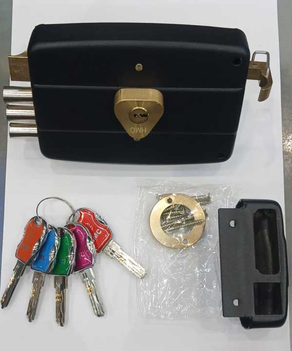 (HMC) - Main Gate Rim Lock Heavy Door Lock With - (Brass 5 Keys) In Five Colours - High Quality