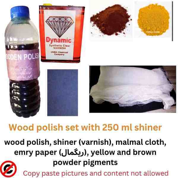 Glossy Wood & Furniture Polish, 500 ml, with powder colors, malmal cloth and complimentary emry paper-  Different variants with synthetic warnish and wood life polish