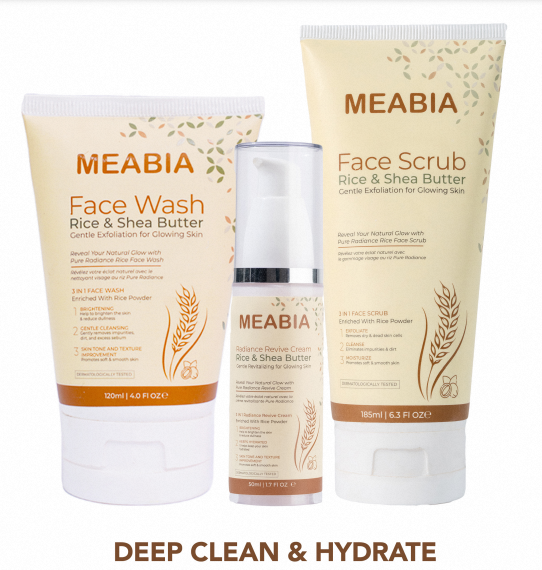 MEABIA Skincare Bundle – Rice & Shea Butter (Face Wash + Revive Cream + Face Scrub) for Hydration & Glow