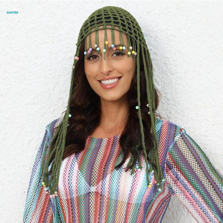 Knit Skull Cap with Colorful Beads Vacation Fishing Women Crochet Beanie Cap Dark Green