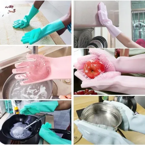 Reusable Silicone Gloves with Built-In Scrubber - Heat Resistant Cleaning Gloves for Dishwashing, Household Tasks, and Car Washing (1 Pair: Right + Left Hand)