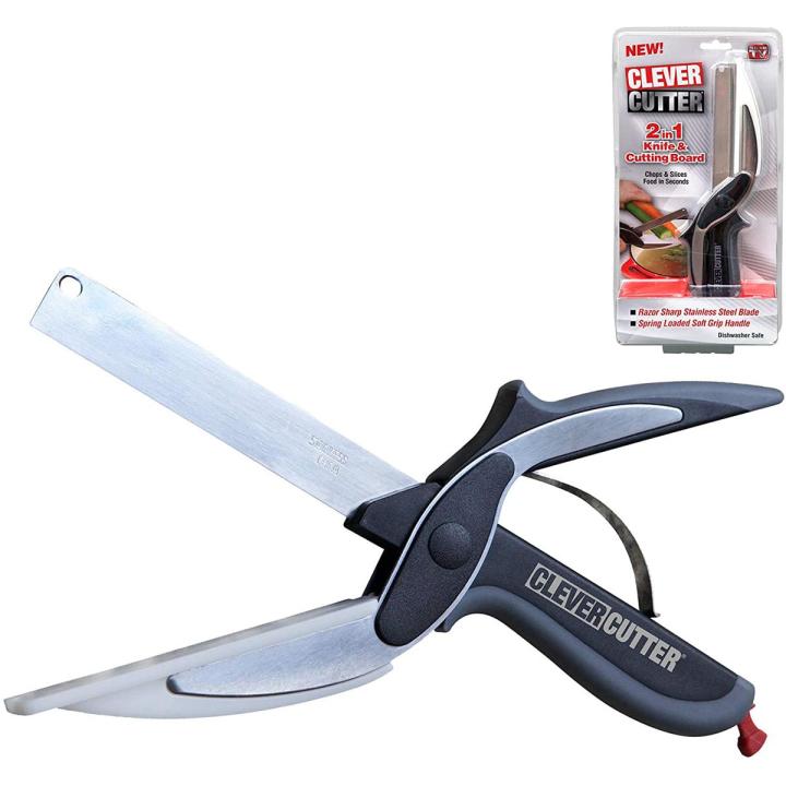 Clever Cutter, Food Scissors with Cutting Board, Smart Multi Function 2 in 1 Stainless Steel Clever Cutter and Safety Buckle, Built-in-Use for Quick and Easy Cutting as Food Shears, Vegetable Slicer, Fruit Cutter,