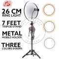 26cm Ring Light with Mobile Holder, Stand Holder and 7ft Stand, RingLight with 7 Feet Stand, Three Colours Makeup LED RingLight with Tripod Stand, Dimmable Selfie RingLight with USB for Videography and Photography. 