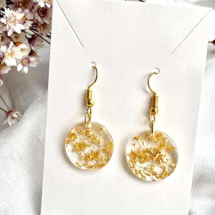 Round resin earring- golden color- golden foil flakes- handmade product- girls wear- Korean jewelry