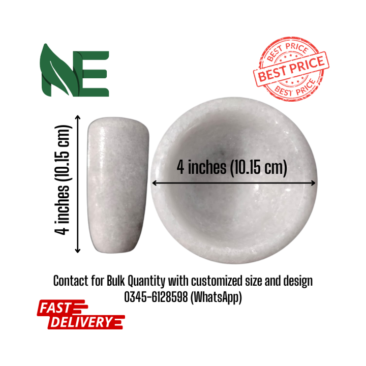 By NE | Marble Mortar and Pestle with shock absorber rubber 3*4 size | Taxila Crafted | Best Finishes with no Color Choice