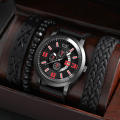 SOKI New Men's Business Alloy 4 pcs Jewelry Set Casual Leather Strap Number Date Quartz Wristwatch Fashion Watch. 