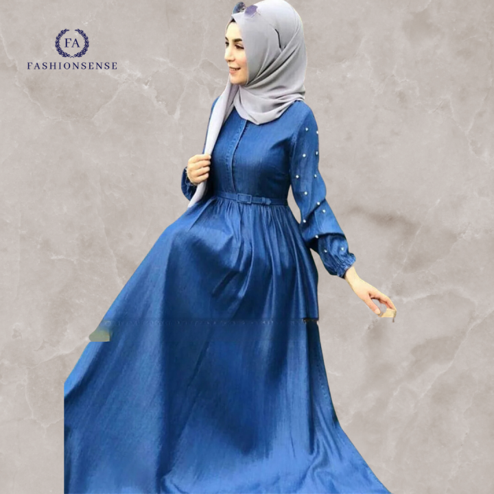 FashionSense Blue Stylish Fashionable Flare Design Denim Abaya With Pearls On Sleeves With Waist Belt Daraz.pk