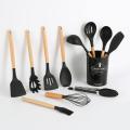 12 PCS Kitchen Silicone Spatula Utensil Set,Safe Silicone Cooking Utensils Set For Home or Picnic,Wooden Handle Protects Hands. 